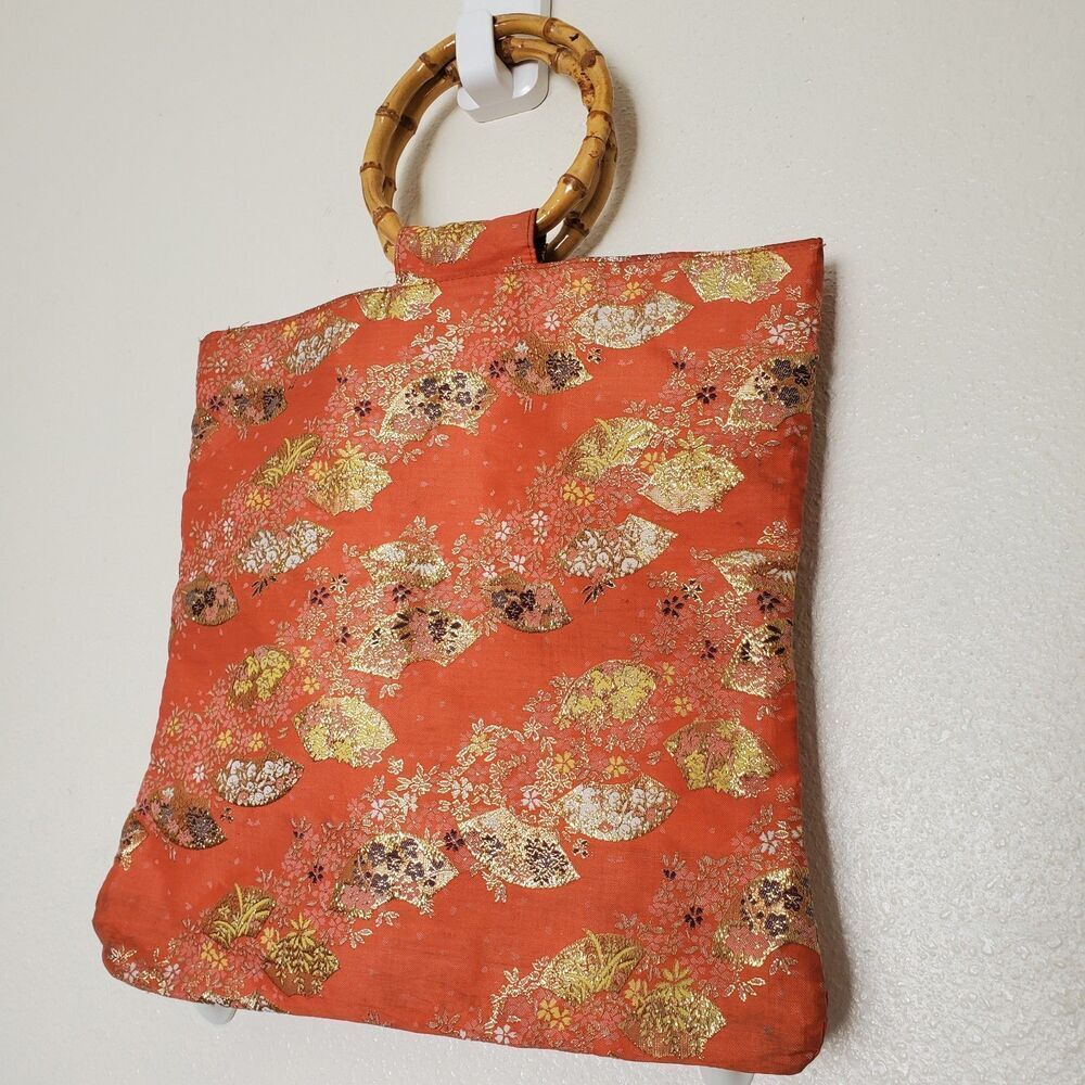 Vintage Orange Brocade Bamboo Handle Bag Gold Metallic Fan Floral Tote Handbag - Picture 3 of 16